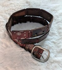 Floral Boho Genuine Leather Belt Silver Square Buckle Size M