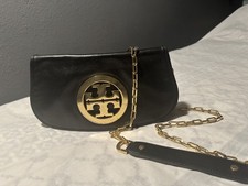 Tory Burch Reva Black Leather Crossbody Clutch Bag - Gold Accents/chain - Read