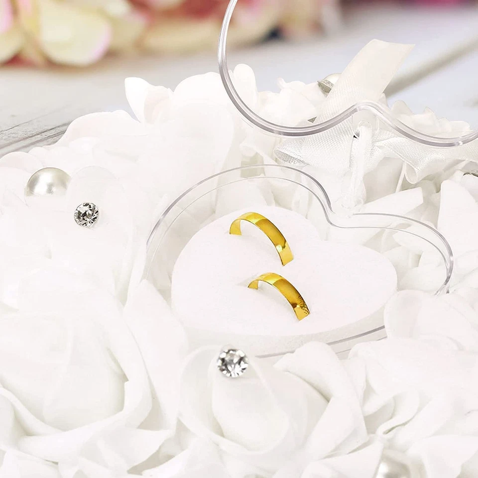 婚礼枕头,白色心形婚礼盒婚礼花边水晶玫瑰 H... — 第 4/4 张图片