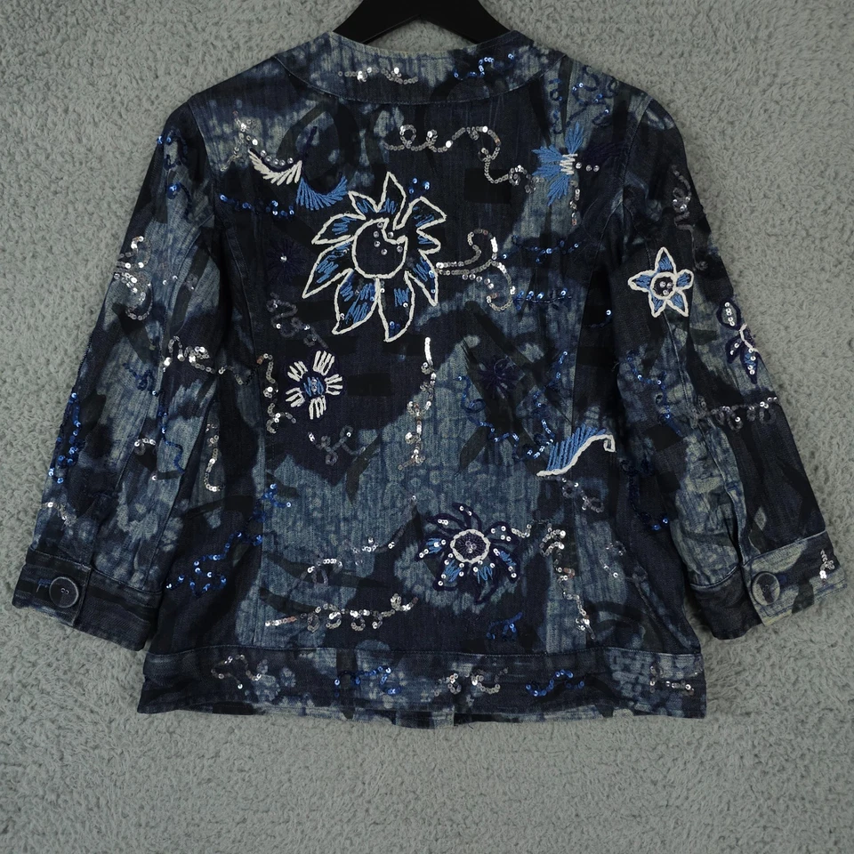 Chaqueta Jean Chicos Mujer 0 EE. UU. 4 Azul Denim Lentejuelas Bordadas Flor Blazer DEFECTUOSO Foto 2 de 4