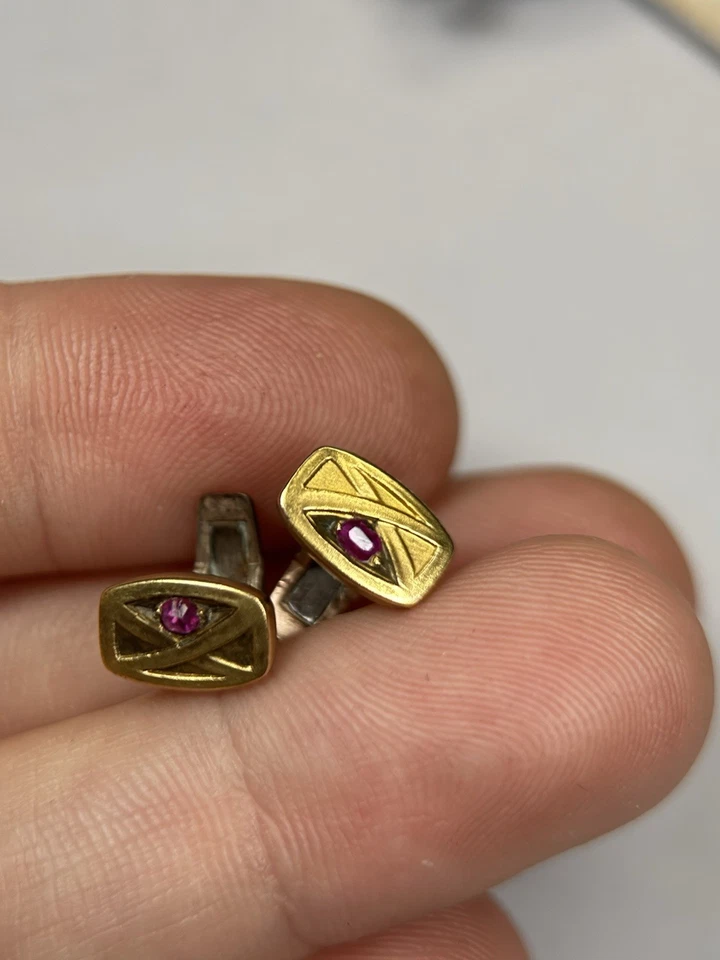 Antike Jugendstil Kragenknöpfe Herrenschmuck Golddoublé rosa Glassteine F.A. - Bild 4 von 4