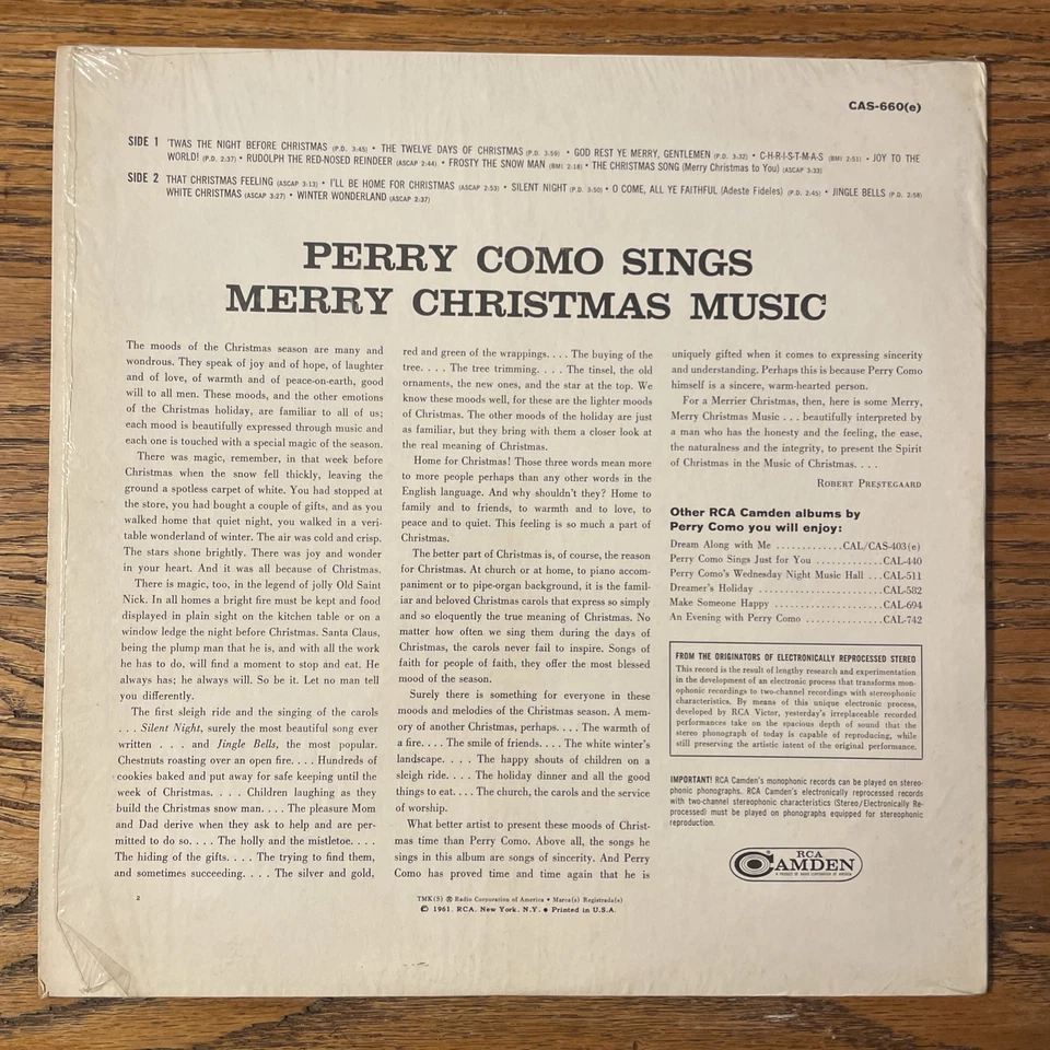 Perry Como Sings Merry Christmas Music LP RCA Camden Stereo Holiday + Shrink VG+ - Image 4 of 4
