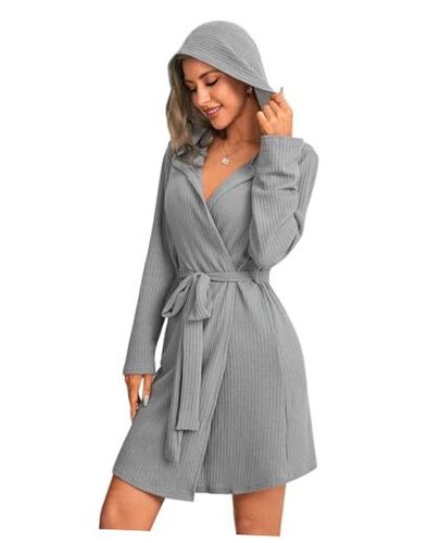 Robes for Women Waffle Knit Hooded Bathrobe Lightweight Robe Large Light Gray