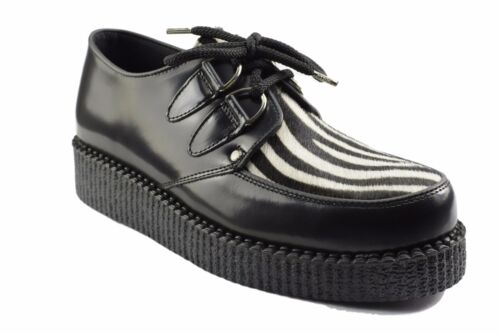 Steel Ground Shoes Black Leather Zebra Hair Creepers Low Sole D Ring Casual - Afbeelding 1 van 6