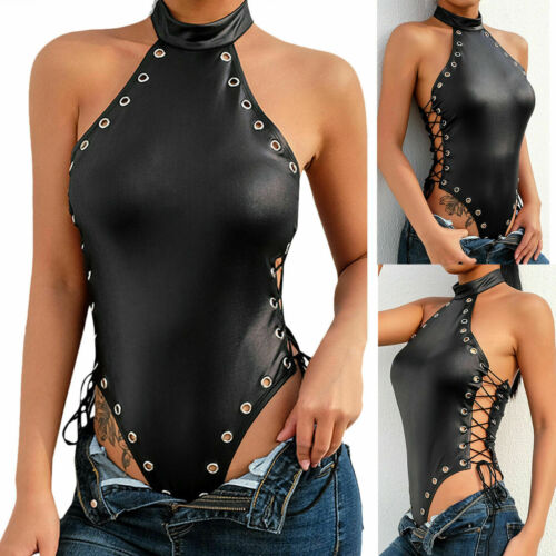 Ladies Sexy Keyhole One Piece Lingerie Nightwear Lace-Up Faux Leather Jumpsuit Thumbnail Picture