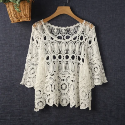 Damen Spitze Häkel Gekürzt Top Hemd Hohl Out Bolero Schulterjacke Schal Bedecken - Bild 1 von 4
