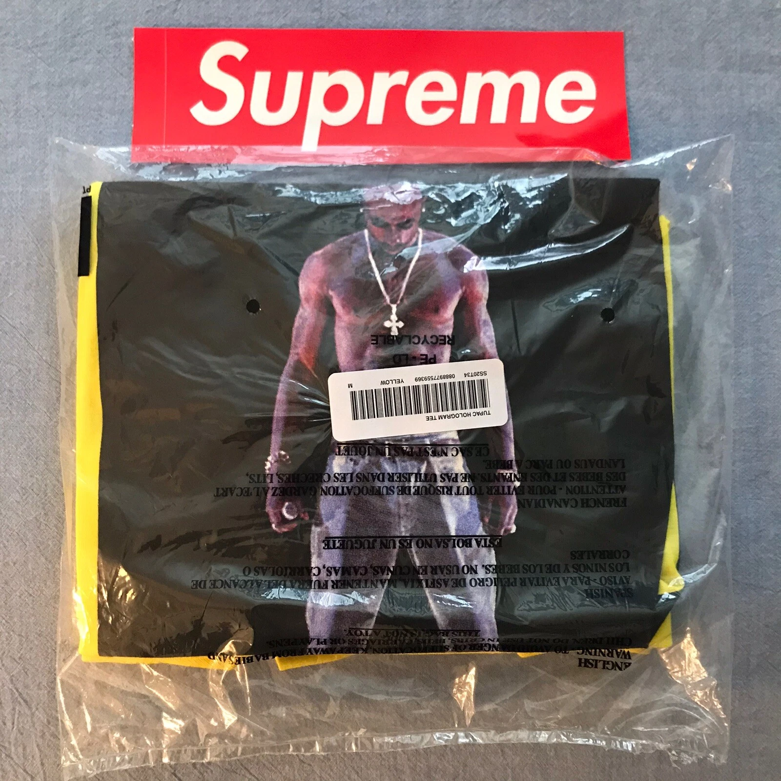 Tee shirt hologramme Supreme Tupac, jaune, taille moyenne (stock mort, 100% authentique)