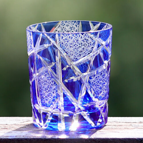 Whiskyglasbecher Japan-Stil Edo Kiriko Glaswaren handgeschnitten bis klar blau 9oz - Bild 2 von 4