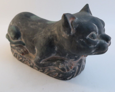 Vintage Ceramic Dark Colored Cat Sitting Crouching 11'' Long Statue Figurine