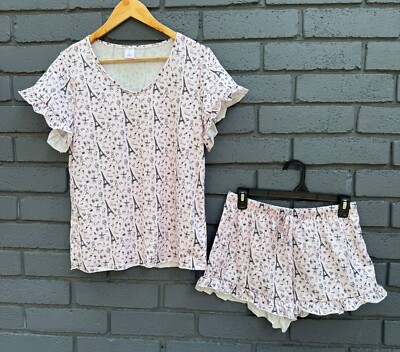 PARIS Dreams Co. 2-piece PJ Set Shorts Pink Paris Eiffel Tower AOP Ruffle M New