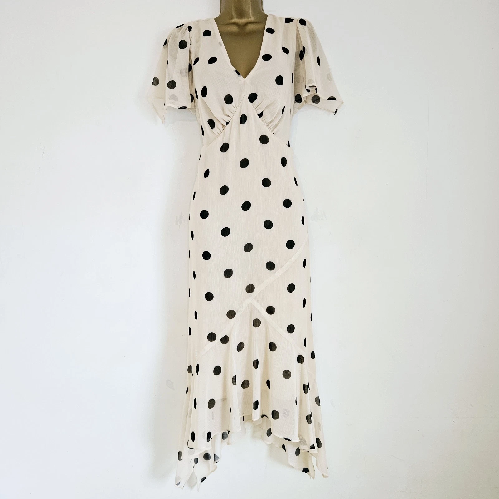 NEW ROMAN 12-24 Polka Dot Spotted Chiffon Beige Black Asymmetric Midi Tea Dress