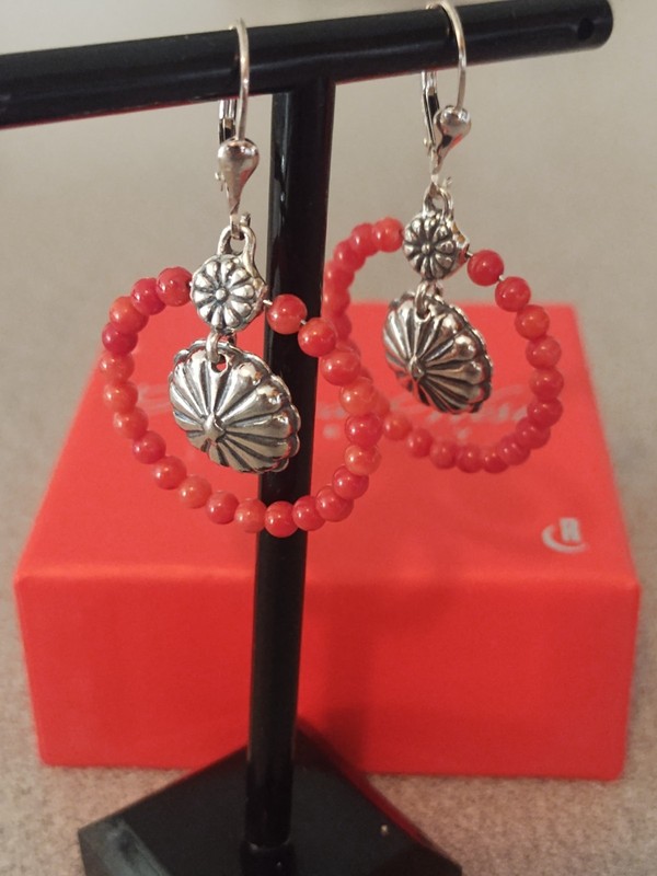 American West Carolyn Pollack Coral and Sterling silver leverback earrings