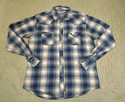 Wrangler Retro Shirt Men Large Blue Shadow Plaid Western Pearl Snap Long Sleeve