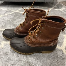 LL Bean Tumbled Leather Duck Boots Womens Size 7 M Leather Brown Plaid Line
