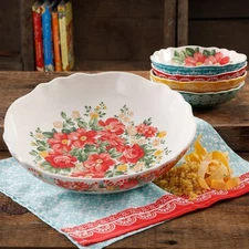 Vintage Floral 5-Piece Pasta Bowl Set Stoneware Dishwasher Microwave Safe New