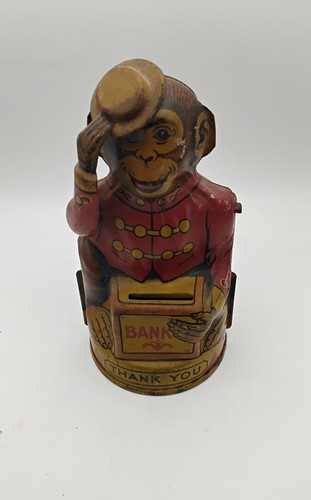 Vintage 1940s J. Chein MONKEY with TIPPING HAT Tin Litho TOY BANK Works