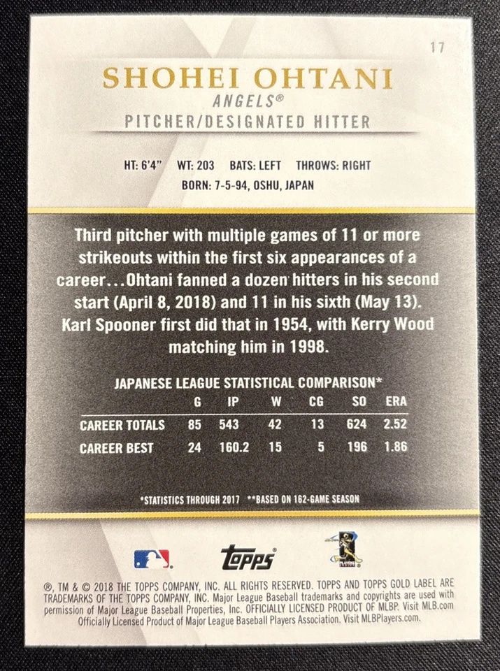 Shohei Ohtani 2018 Topps Gold Label #17 Class 1 Holo Foil Rookie RC Dodgers MVP - Image 2 of 2