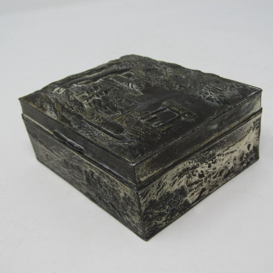 Vintage Japanese Metal Trinket Box Pagoda Tree Wood Lined Container 3" Japan - Image 3 of 4
