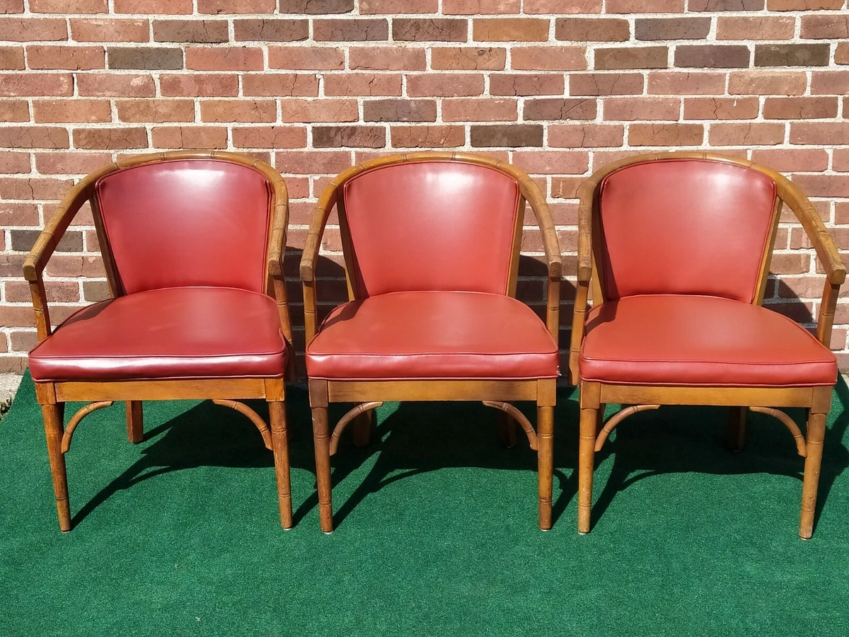 3 MCM Shelby Williams Red Vinyl Upholstered Arm Chairs Bamboo Look