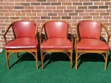 3 MCM Shelby Williams Red Vinyl Upholstered Arm Chairs Bamboo Look Restoration