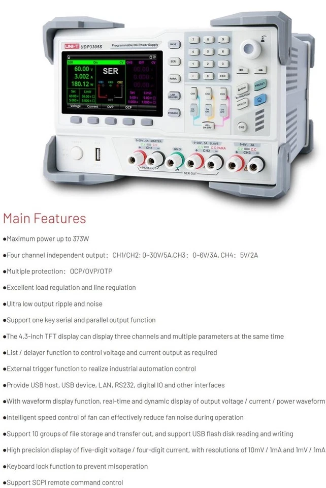 UNI-T UDP3305S UDP3305S-E programmable linear DC power supply, 4CH 328W 30V 5A - Bild 3 von 4