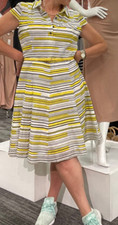 Nine West Dress Size 14 A-Line Shirt Neck Striped Lined Cotton Yellow