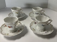 4 SETS VINTAGE DRESDEN FLOWERS TEA CUPS SAUCERS BLUE STAMP VINTAGE