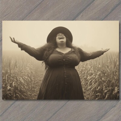 4x6'' Laughing Witch Corn Field Dress Nostalgia Country Woman Halloween Retro