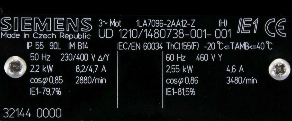 12012 SIEMENS SIMOTICS GP,LOW VOLTAGE SMOTOR,50/60HZ,2.2/2.55KW