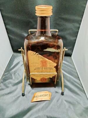 BALLANTINES Scotch Whiskey Bottle Rocker Stand EMPTY Cut Label Half Gallon