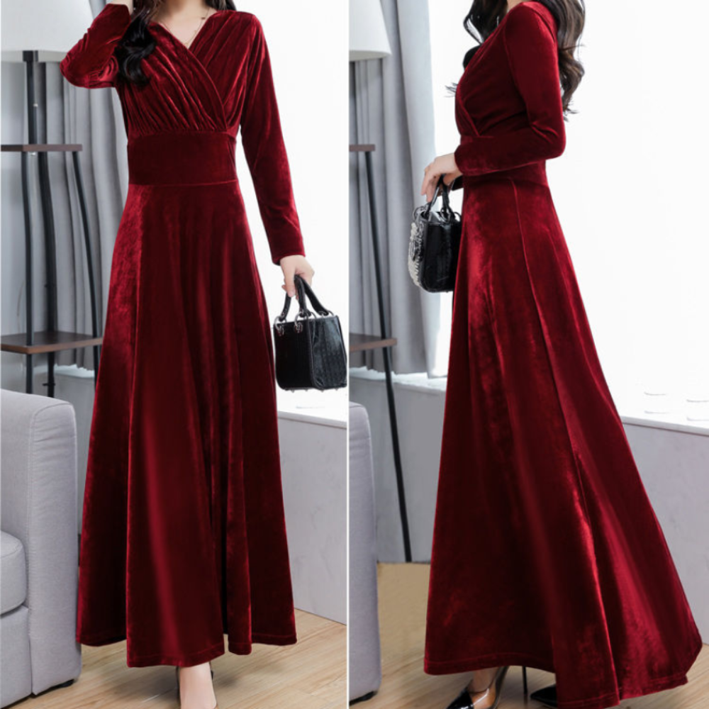 Women Retro Velvet Dress Long Pleuche Elegant Fashion A-line High