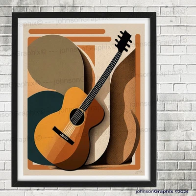 Guitar Wall Art Print, Acoustic Guitar, Mid Century Modern Music Poster Gift - Image 1 of 4