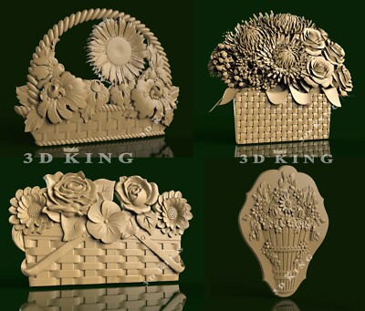 4 Pcs 3D STL Models Basket of Flowers for CNC Router Aspire Artcam Engraver