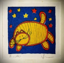 FAT CAT JOY Vintage Original PENCIL SIGNED MINIATURE Color ETCHING FRAMED 19