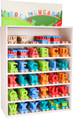Buchstabenzug Namenszug aus Holz Geburtstagszug Geburt Lokomotive Waggon bunt