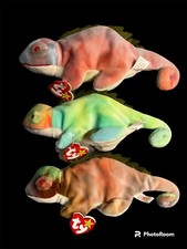 Lot Of 3 NWT TY Beanie Baby - IGGY the Iguana different tye-dyed w/ spikes 9.5&rdquo;