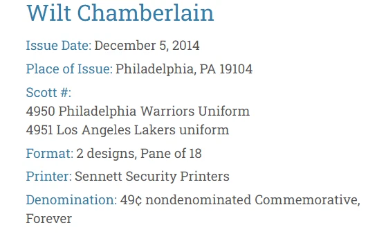 Wilt Chamberlain Pane of 18 Forever Stamps & 2 DCPs 2014 Scott #4950-4951 - Image 4 of 4