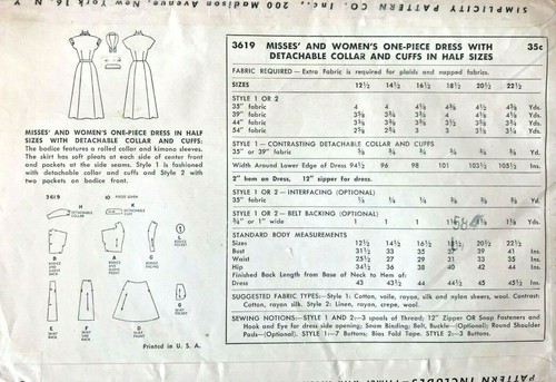 De colección 1940 Simplicity Misses' Vestido Patrón 3619 Talla 16,5 Sin Cortar - Imagen 2 de 2