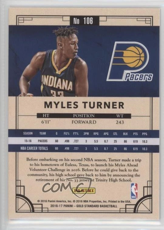 2016-17 Panini Gold Standard /269 Myles Turner #106 - Image 2 of 2