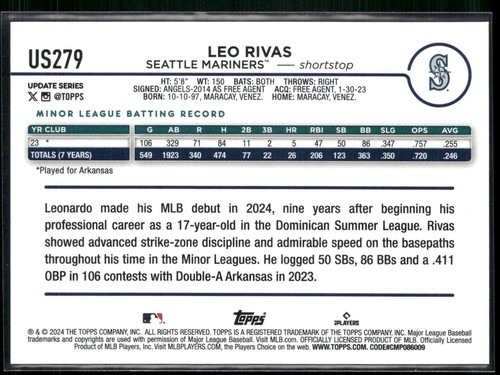 2024 Topps Update #US279 Leo Rivas Yellow - Picture 2 of 2