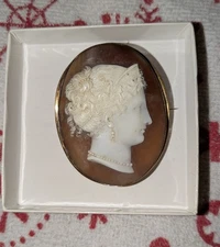 Antique Women's Gold Colored Large Carved Cameo Oval Brooch 