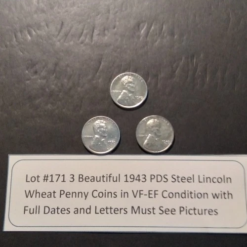 Lot #171 3 Beautiful Steel Lincoln Wheats 1943-P 1943-D 1943-S F-VF See Pictures