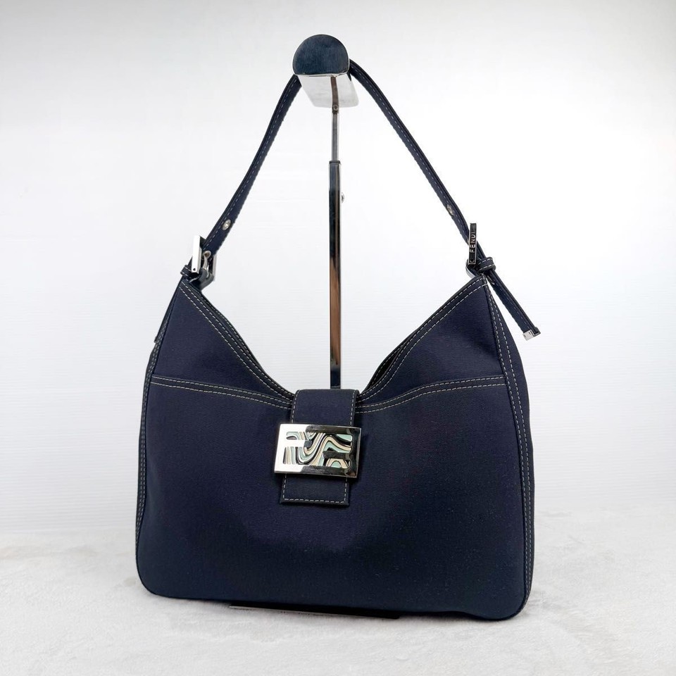 FENDI Mamma Baguette Denim Navy Hobo Bag Marble FF Buckle 26569 Auth