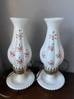 Vintage Milk Glass Electric Hurricane Lamps Set of 2 White w/pink roses