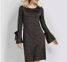RSVP by Talbots MED Black Gold Metallic Sparkly Sweater Dress Bell Bow Sleeve