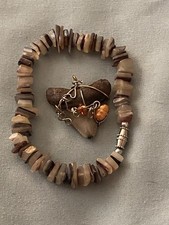 Jewelry Set Shark Tooth Necklace Pendant 1  H Wrapped Beaded  Bracelet 8.5  
