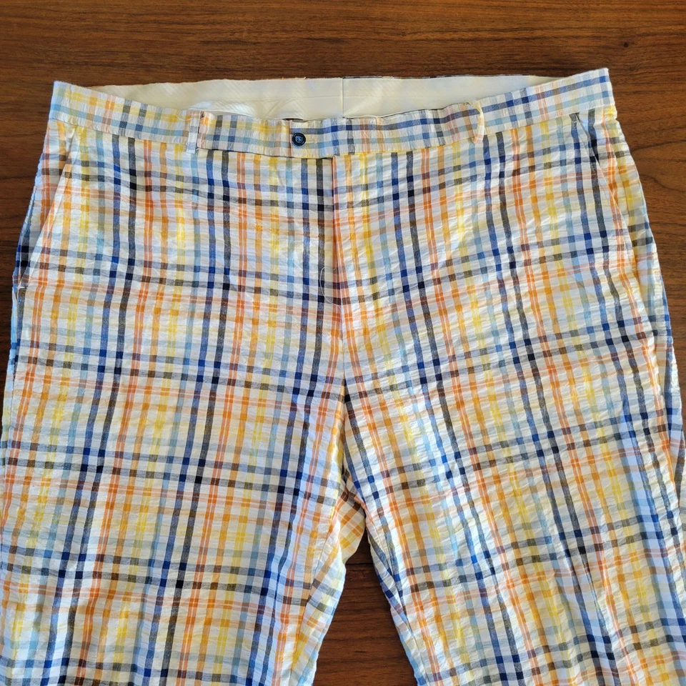 Pantalones de vestir para hombre 100 % algodón verano Seersucker calce moderno a cuadros talla 48x29 Foto 3 de 4