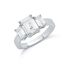 Sterling Silver Claw Set Emerald Cut Zircon Trilogy Ring 925 Hallmark Size J - Q