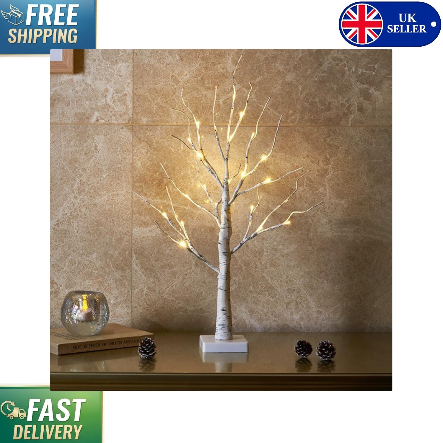 60cm White Birch Twig Christmas Tree with 24 LED Lights - Elegant Tabletop Décor