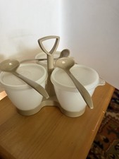 VINTAGE TUPPERWARE Condiment Caddy w/ Lids & Spoons. Beige/white. Pre-owned.